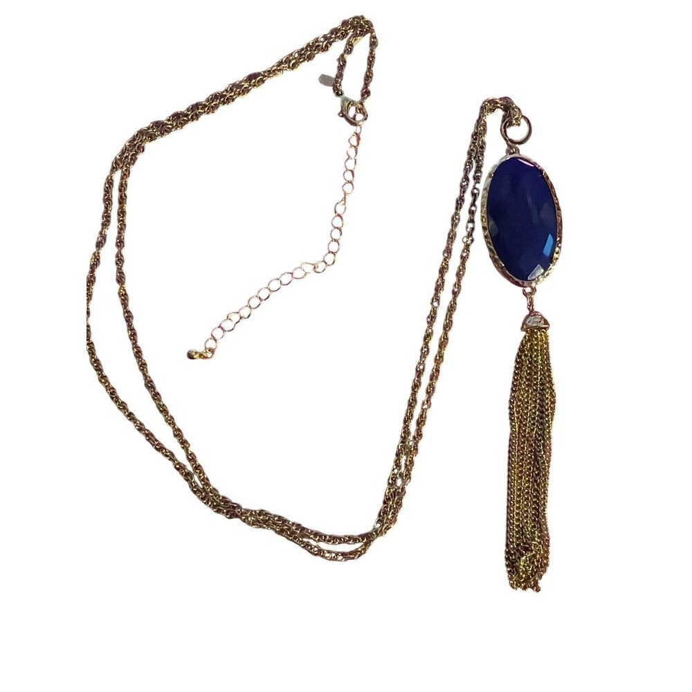 Premier Designs Gold Plated Chain Necklace Blue Green Pendant Tassel 40" NWOT